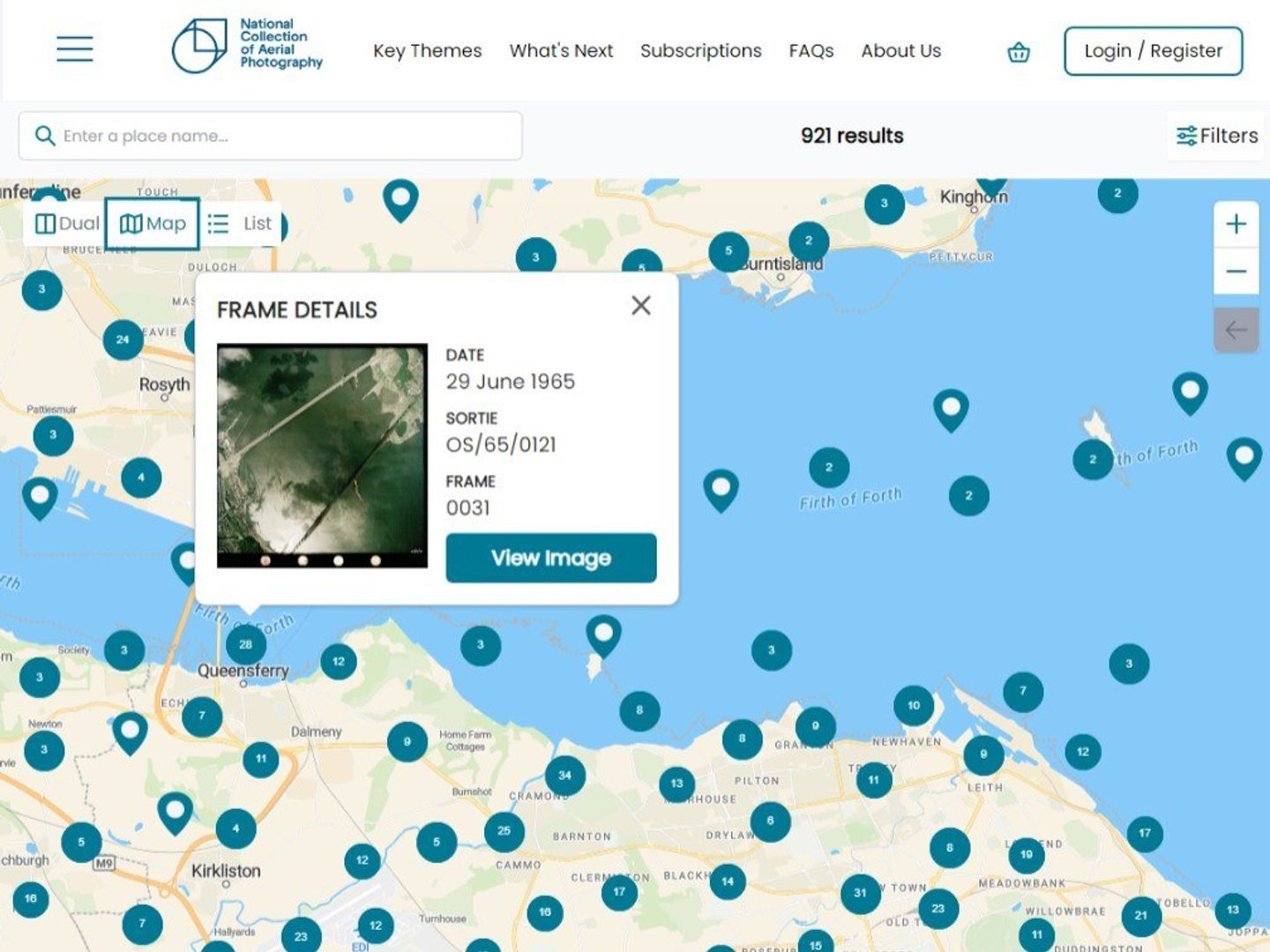 A digital map of the Lothians and Fife, showing 921 photos available. There are numerous blue pins and numbered dots showing where each photo is located and how many are in each location. There is a pop-up of the earlier photo of the Forth bridges.