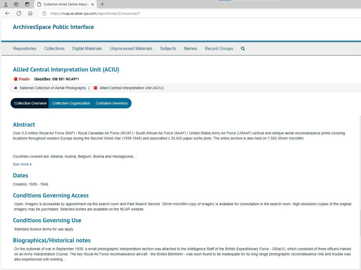 A screenshot of a webpage headed ‘ArchivesSpace Public Interface’. It contains text relating to the Allied Central Interpretation Unit Collection of aerial photos at NCAP. Headings include ‘Abstract’, ‘Dates’ and ‘Biographical/Historical notes’.