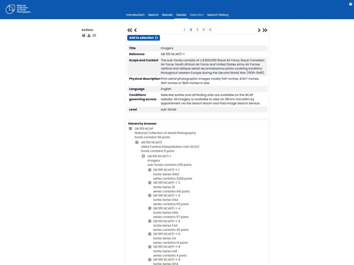 A screenshot of a webpage containing text relating to the Allied Central Interpretation Unit Collection of aerial photos at NCAP. Headings include ‘Title’, ‘Scope and Contents’ and ‘Physical description’.