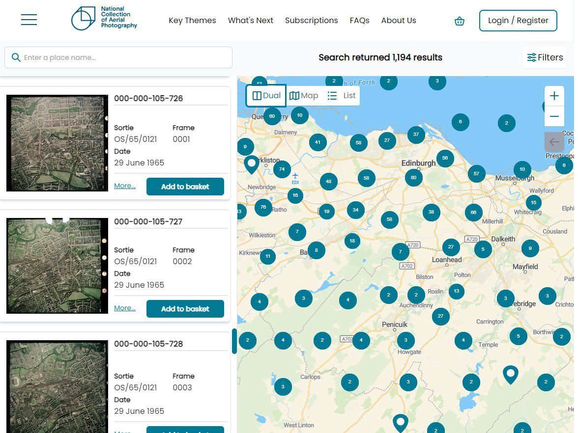 A screenshot of a digital map of the Lothians, showing 1194 photos available. There are numerous blue pins and numbered dots showing where each photo is located and how many are in each location. On the left are 3 colour aerial photos of Edinburgh.