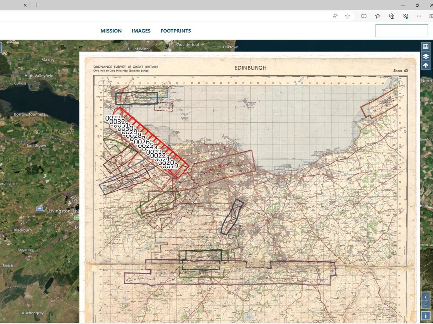 A screenshot of a satellite image of the Lothians and Fife. A historic map marked with coloured lines indicating flight paths has been laid over the image. A row of numbered, red digital boxes lines up with a coloured line covering the Forth bridges.