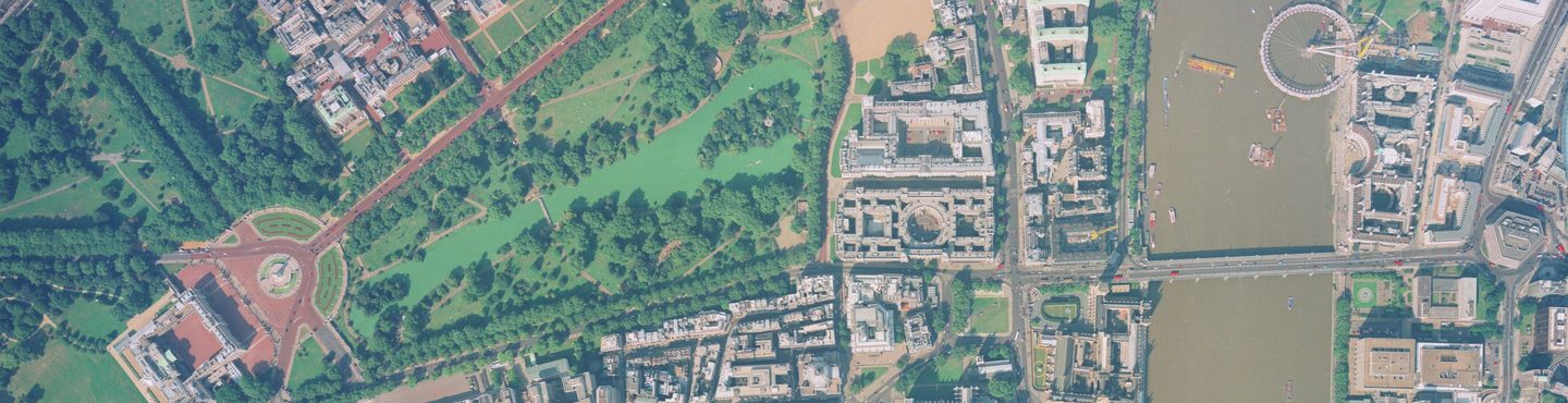 A colour aerial photo with a park containing trees and red paths at the left, and Buckingham Palace in the bottom left corner. The River Thames is to the right with the London Eye lying flat over it. The shadow of Big Ben is to the right of centre.