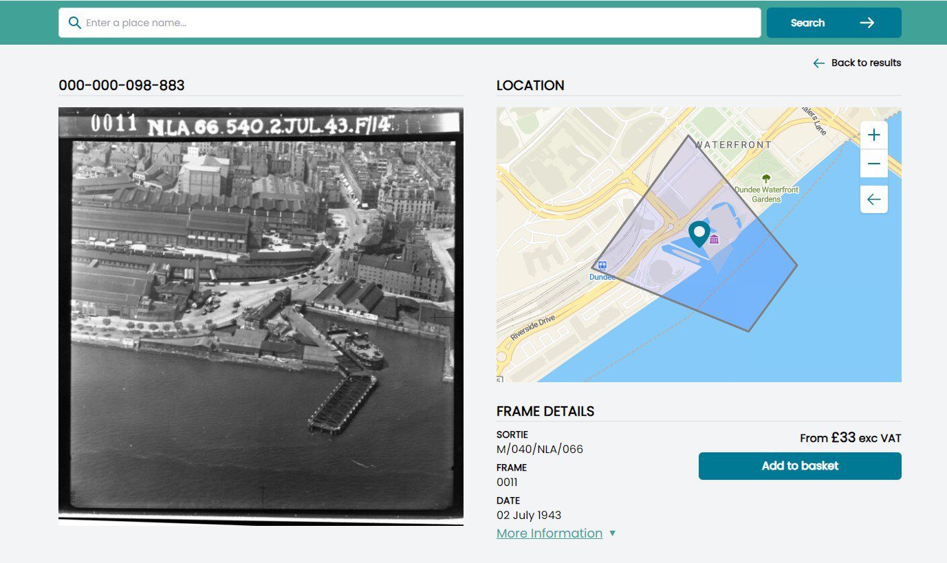 A screenshot of NCAP’s Air Photo Finder. On the left is a black and white oblique aerial photo of docks in Dundee, with buildings on the shore and a ship on the water. On the right is a map with the area shown in the photo marked by a grey polygon.