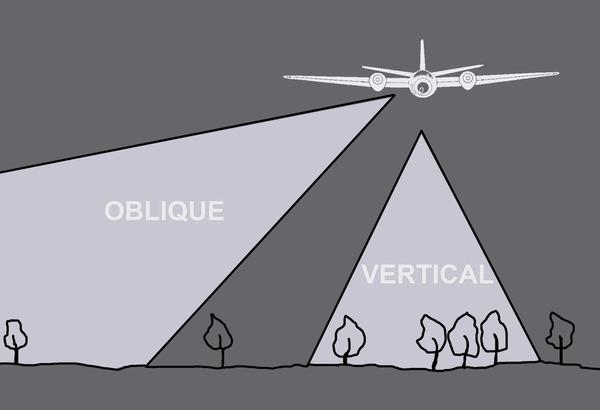 A greyscale drawing of a plane flying above 6 trees. A triangle pointing straight down from the plane indicates the area covered by a vertical aerial photo. A triangle pointing down at an angle indicates the area covered by an oblique aerial photo.