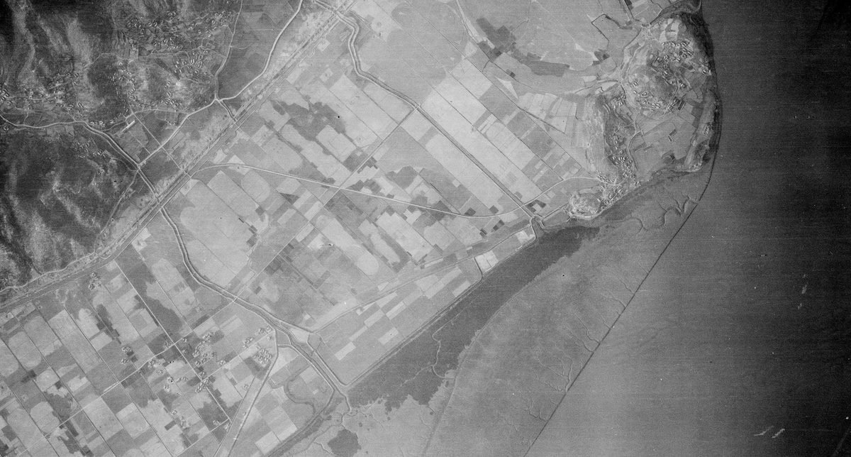 A historic black and white vertical aerial photo of agricultural land along a coastline. The sea is to the right of the image, and some hills are visible in the top left corner.