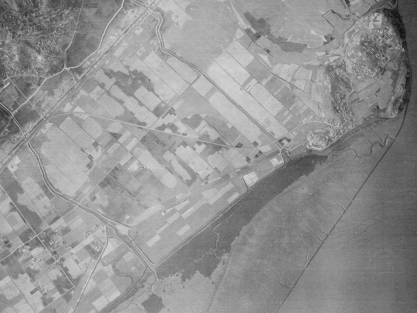 A historic black and white vertical aerial photo of agricultural land along a coastline. The sea is to the right of the image, and some hills are visible in the top left corner.