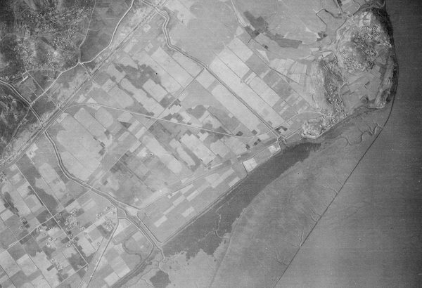A historic black and white vertical aerial photo of agricultural land along a coastline. The sea is to the right of the image, and some hills are visible in the top left corner.