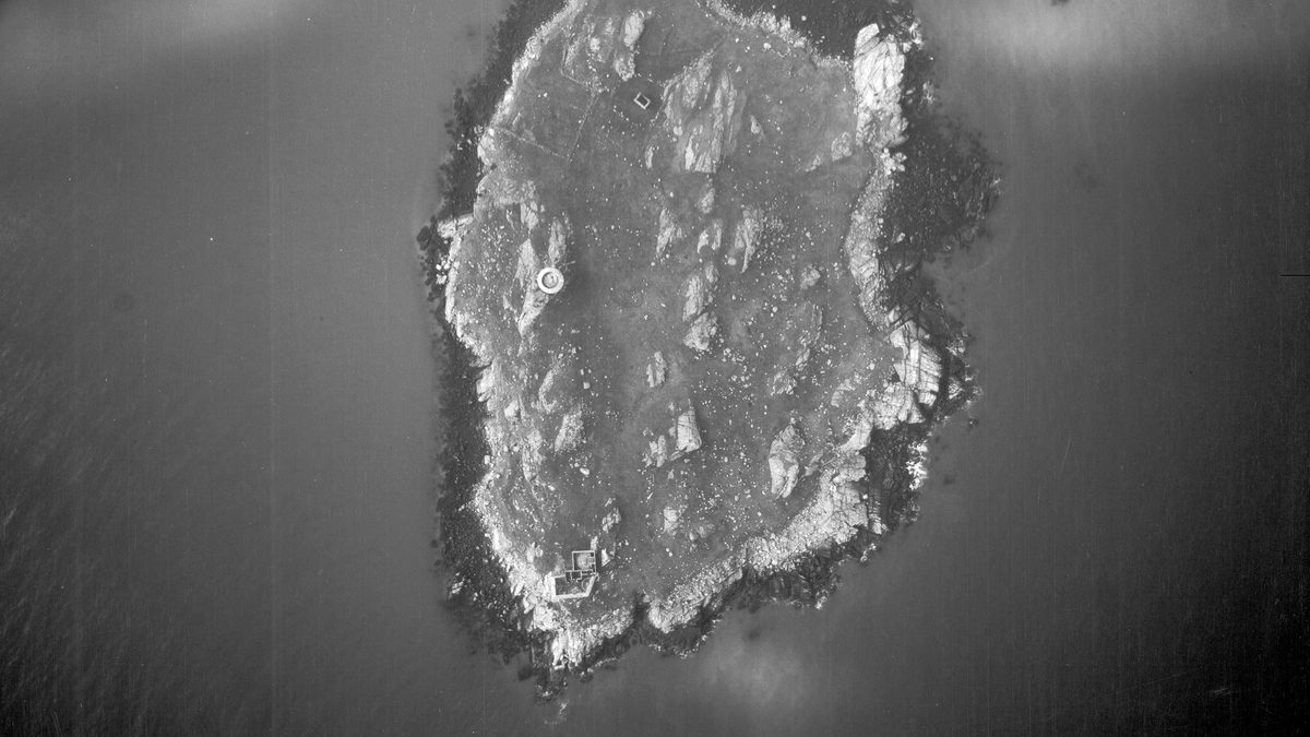 A historic black and white vertical aerial photo of a roughly oval-shaped island. A circular tower is visible to the left of centre, with a rectangular building complex at the bottom tip of the island.