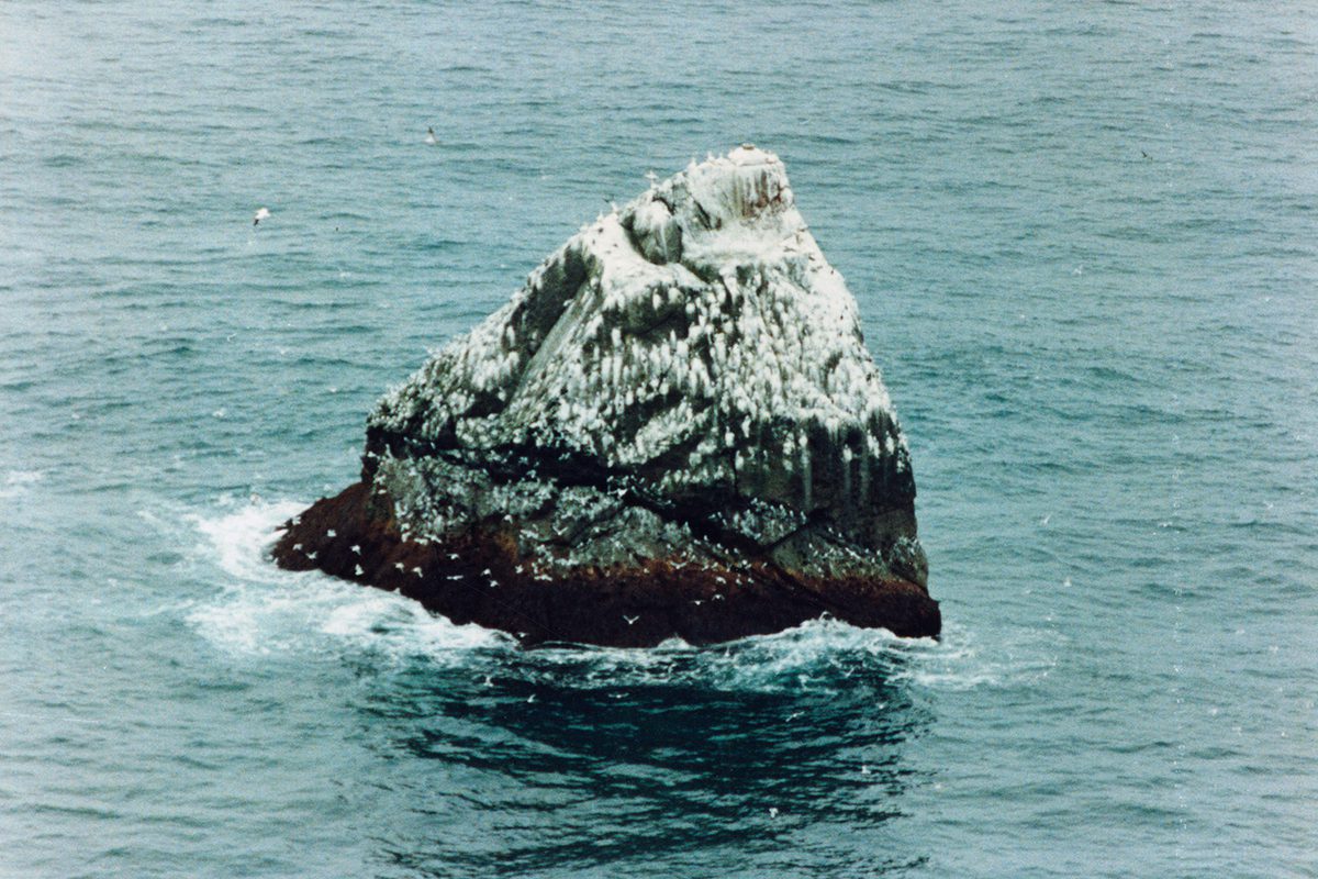 A historic colour oblique aerial photo of Rockall - a dark-coloured triangular shaped rock. The top half is smeared with guano and sea birds are visible on its cliffs.