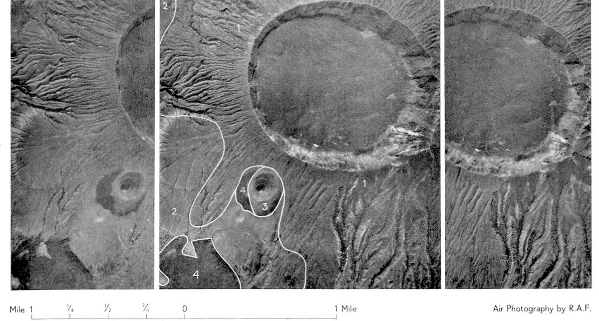 3 overlapping black and white vertical aerial photos of a volcanic crater. A mile scale runs along the bottom of the image.
