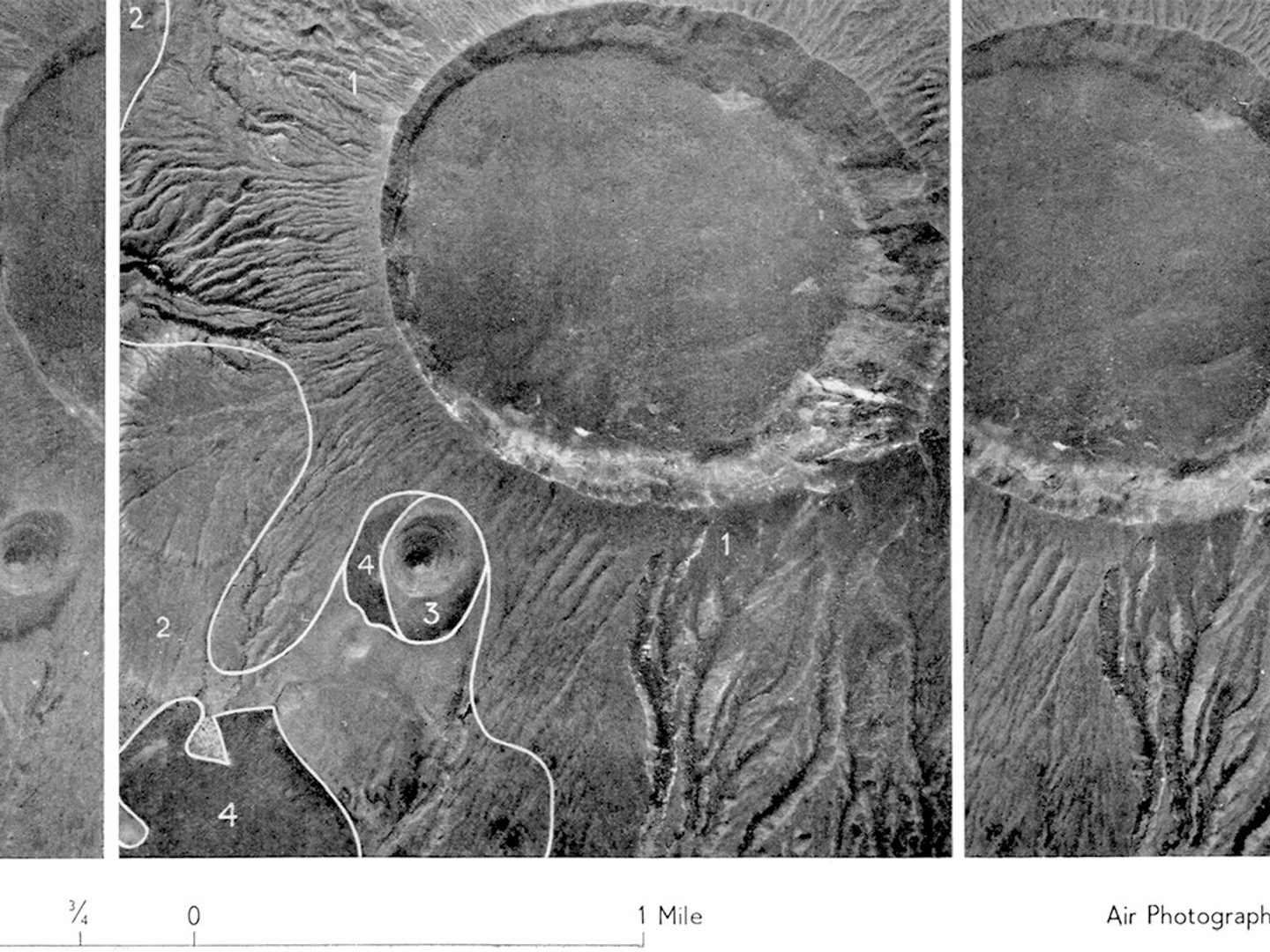 3 overlapping black and white vertical aerial photos of a volcanic crater. A mile scale runs along the bottom of the image.