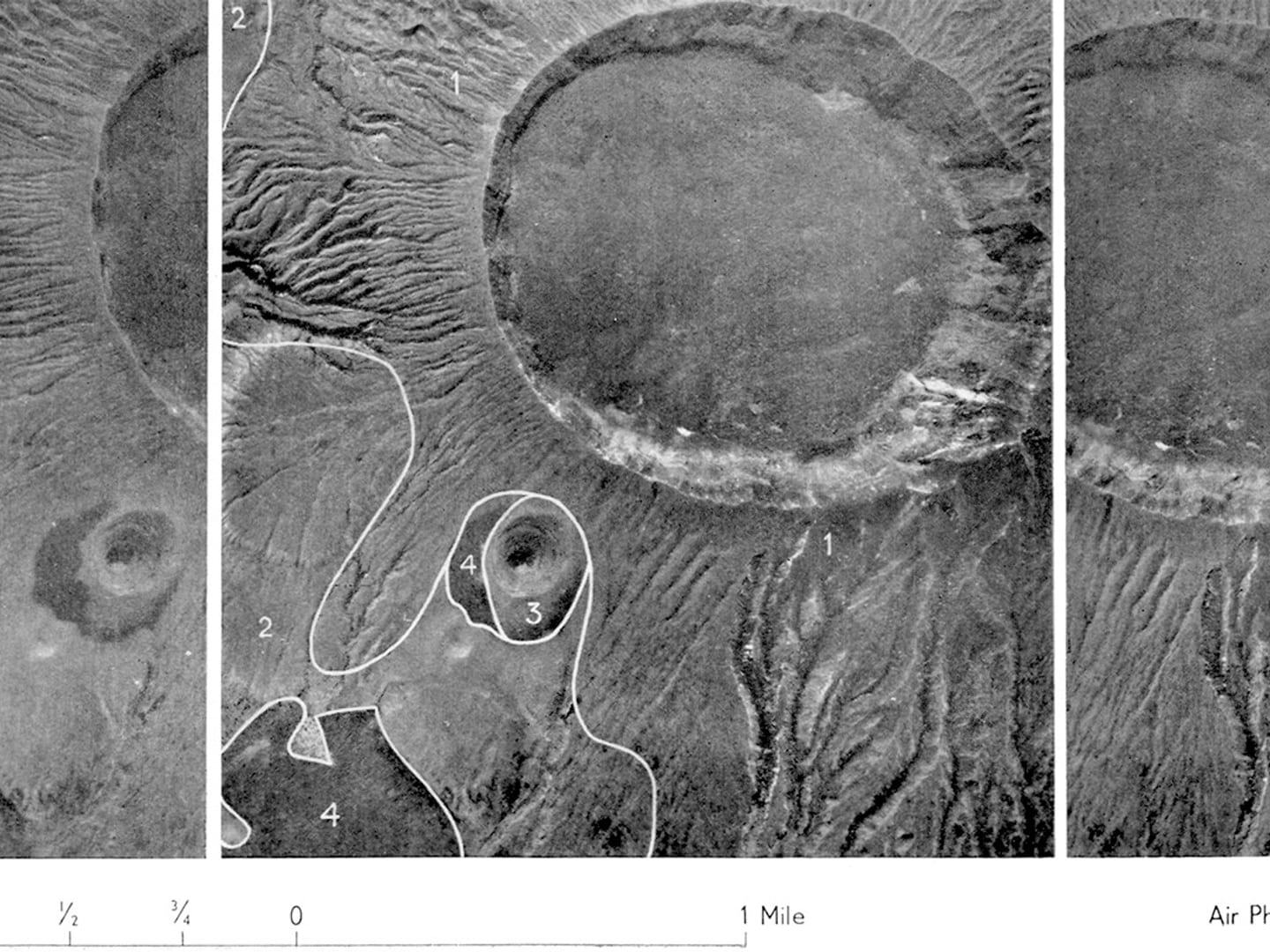 3 overlapping black and white vertical aerial photos of a volcanic crater. A mile scale runs along the bottom of the image.