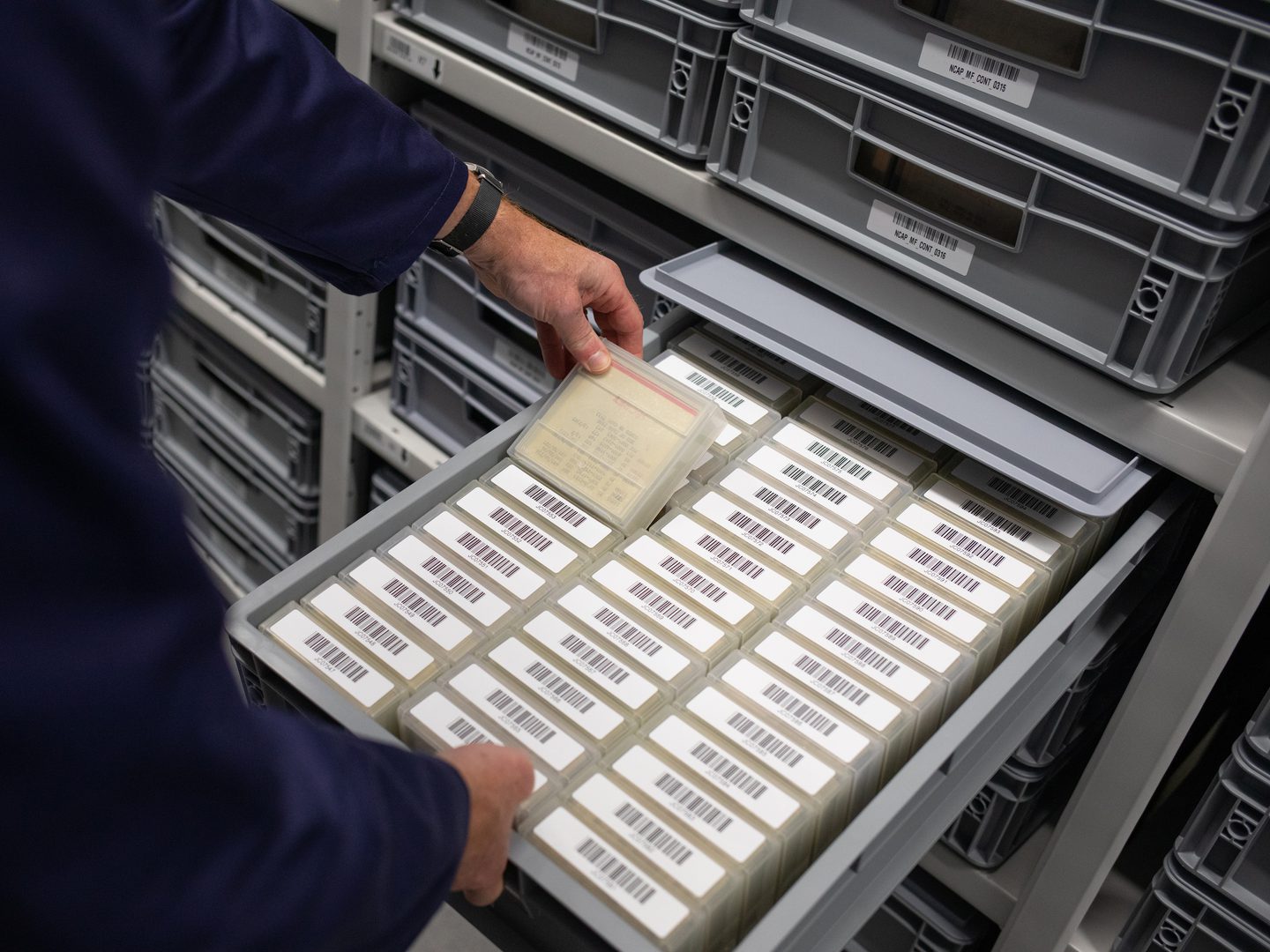 A grey plastic tray filled with 42 plastic cases. Each case has a barcode on top. The tray is being pulled out from amongst other trays on metal shelving by someone in a blue lab coat. Only their arms are visible as they lift a case out of the tray.