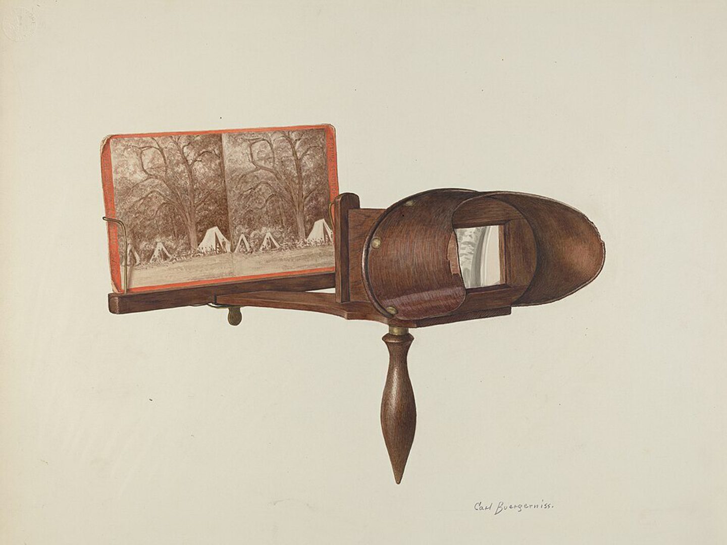 A historic drawing of a handheld stereoscope on a yellow background. It is a wooden viewer with a pointed handle and a pair of lenses in a wooden frame. A sliding bracket opposite the lenses holds a stereocard comprising of 2 almost overlapping images.