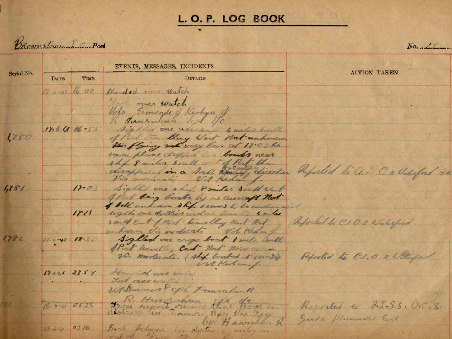A lined, yellowing page from a notebook headed 'LOP Log Book'. There are handwritten entries detailing sightings of non-Irish aircraft over the lookout point at Brownstown Head.