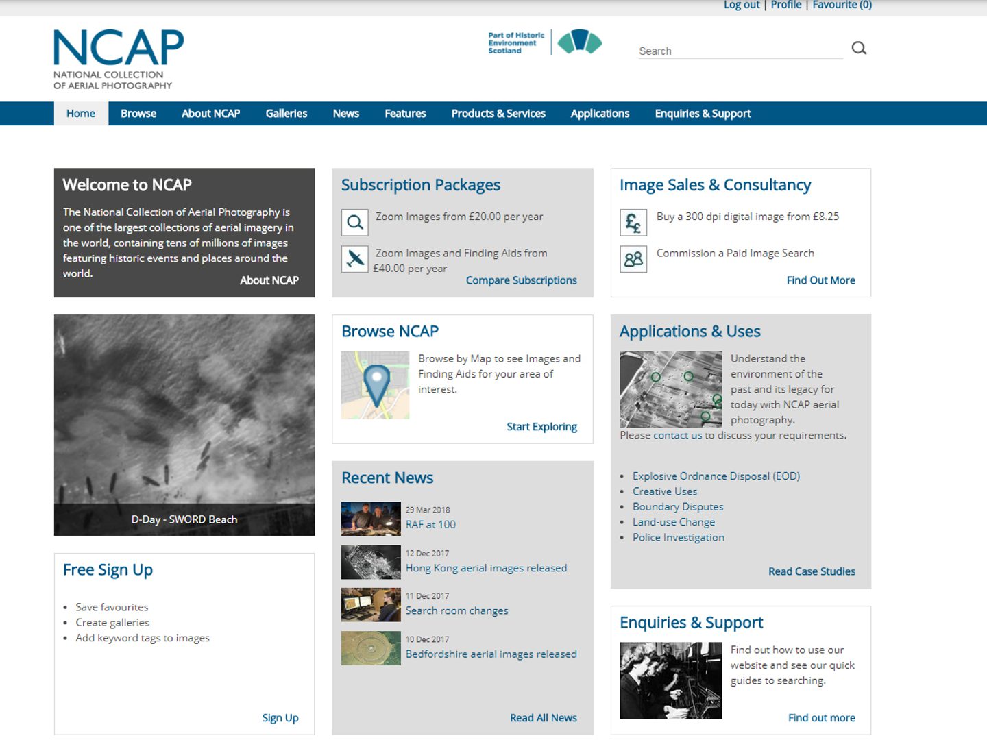 A screenshot of the NCAP legacy website, with the NCAP logo visible top left, a menu of options in a blue banner across the top and a grid of tiles with more menu options across the body of the page.