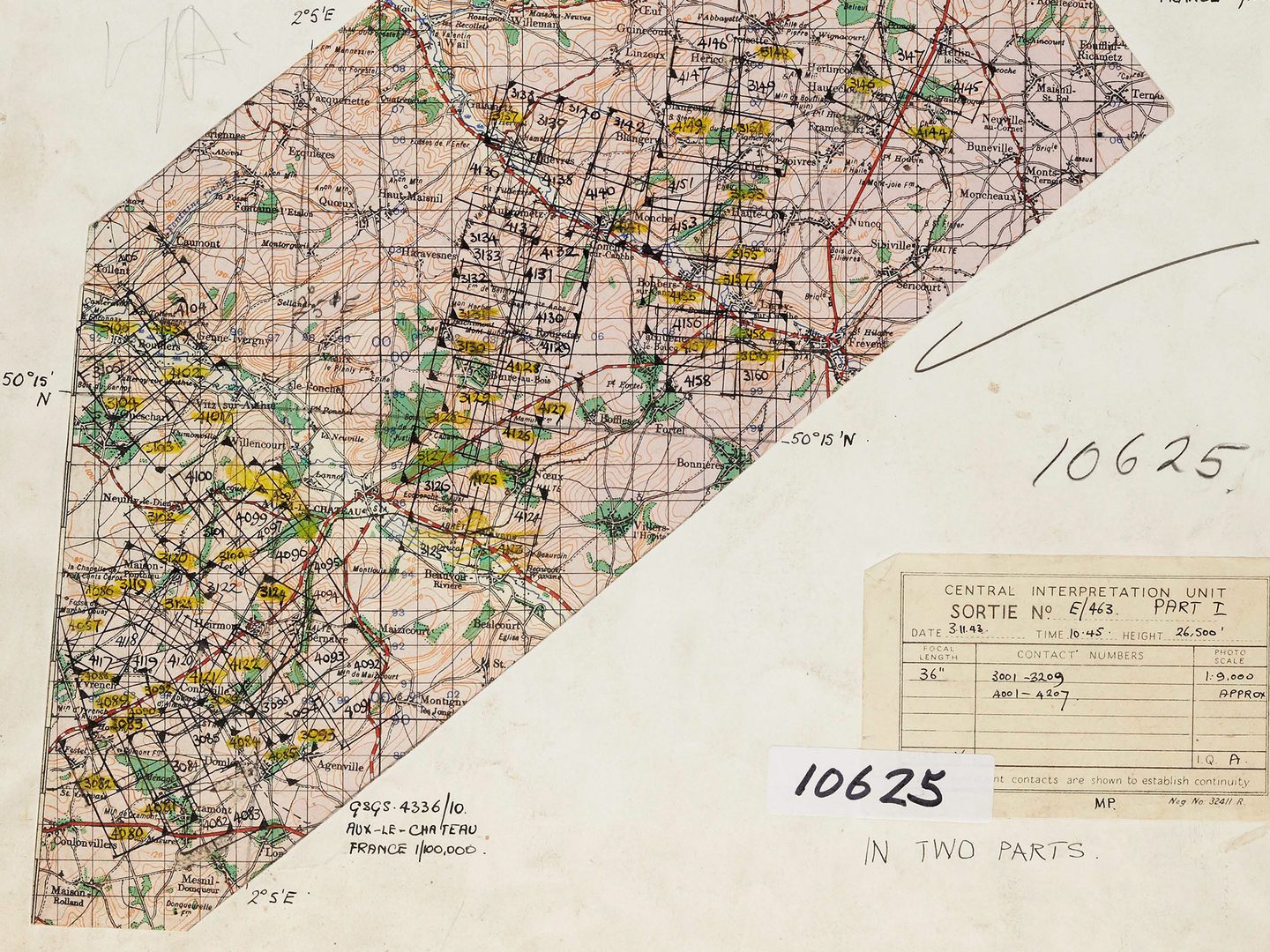 An irregularly-shaped detail from a colourful map of an area of France. Black lines show where an aircraft took aerial photos.