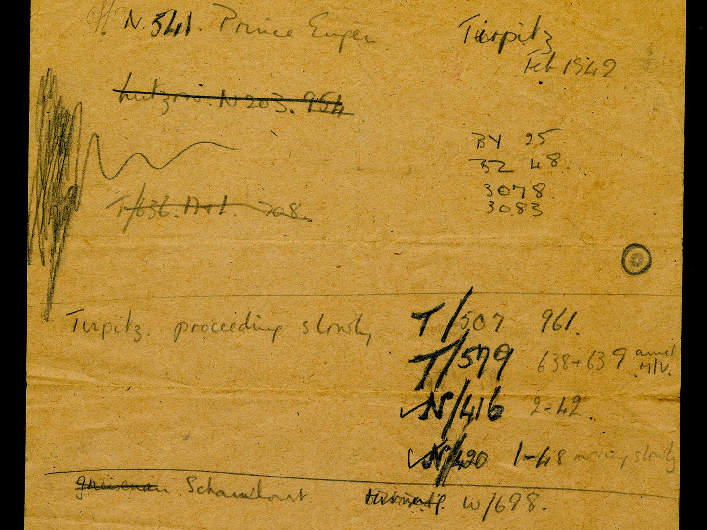 A yellowing piece of paper with handwritten notes relating to ships, sortie references and frame numbers.