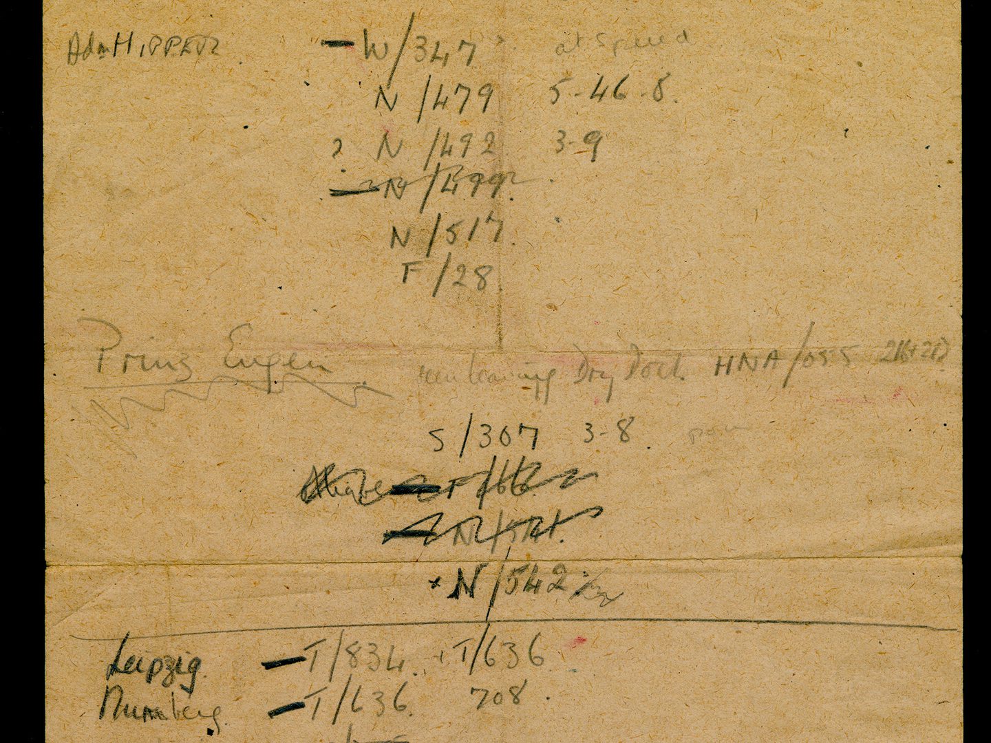 A yellowing piece of paper with handwritten notes relating to ships, sortie references and frame numbers.