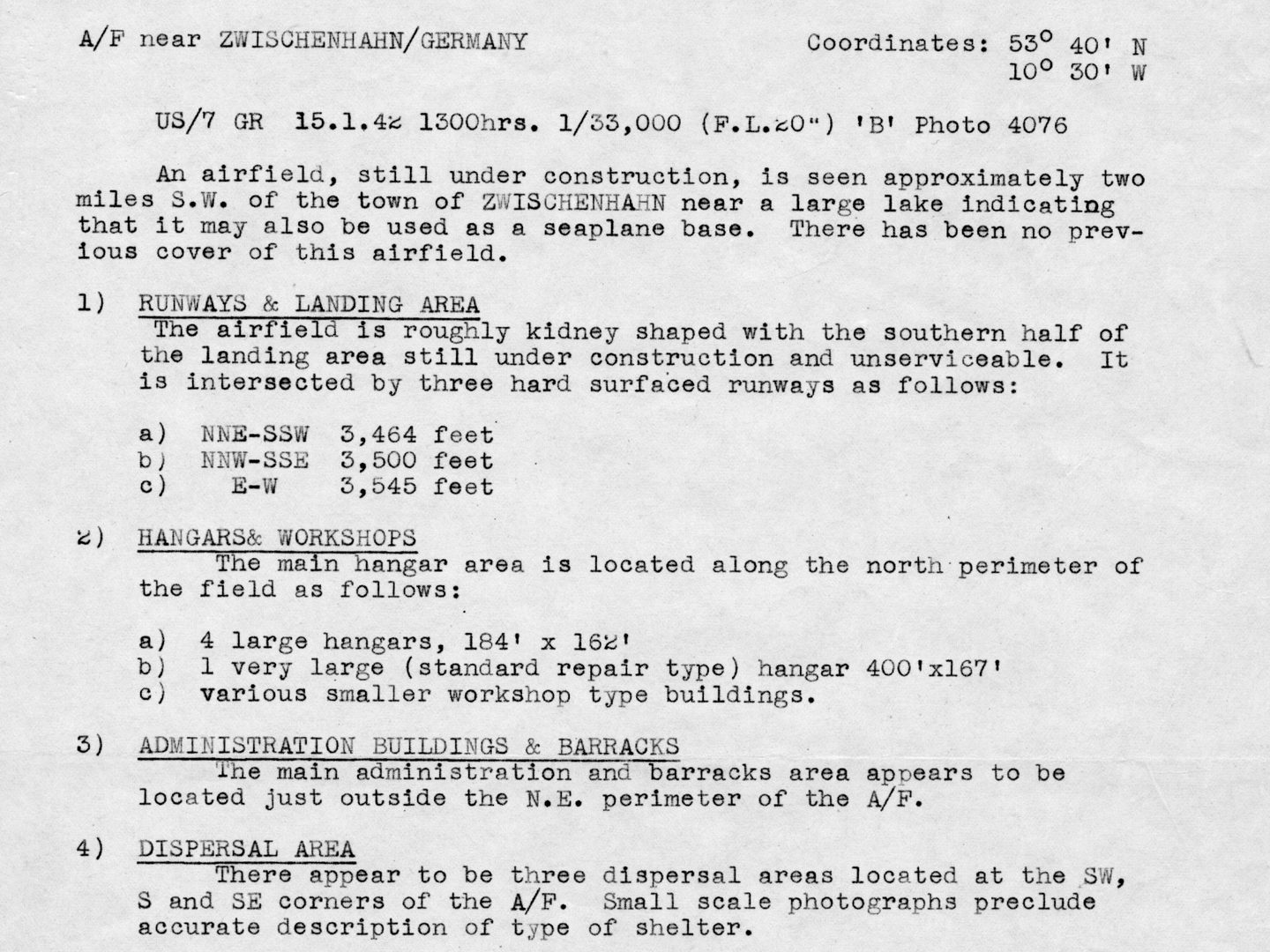 An excerpt from a typewritten report recording details about an airfield including runways, hangars and administration buildings.