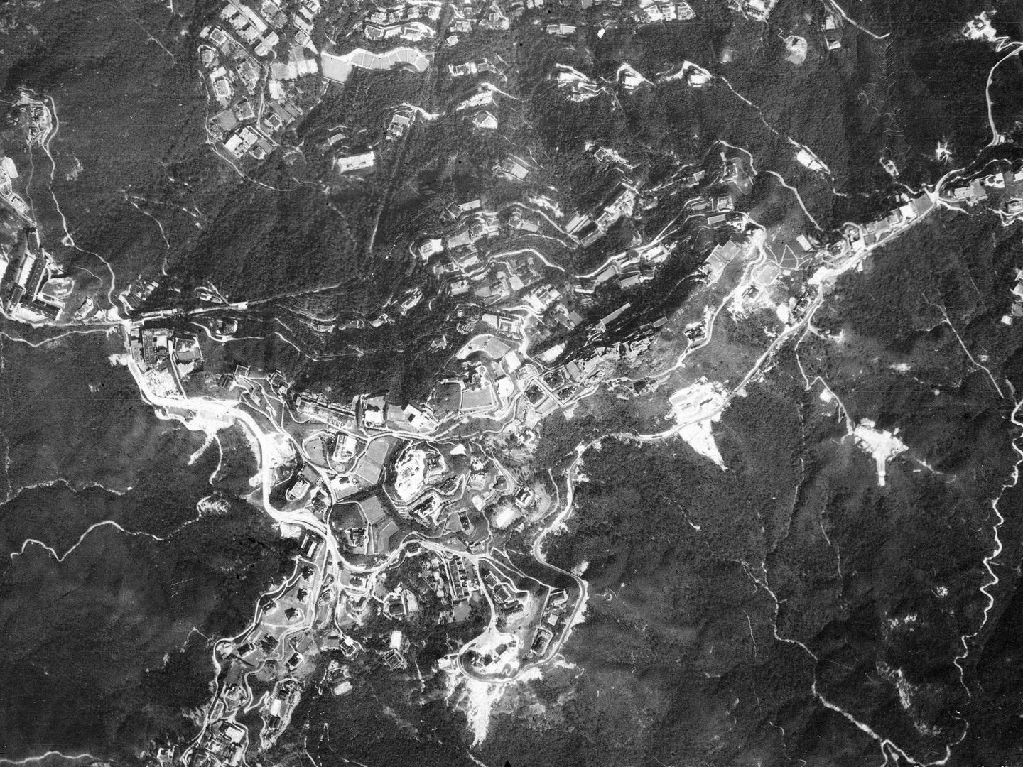 A black and white aerial photo of a tree-covered hillside. Buildings built along the contour lines run down the hillside. Meandering roads and tracks are visible through the trees.