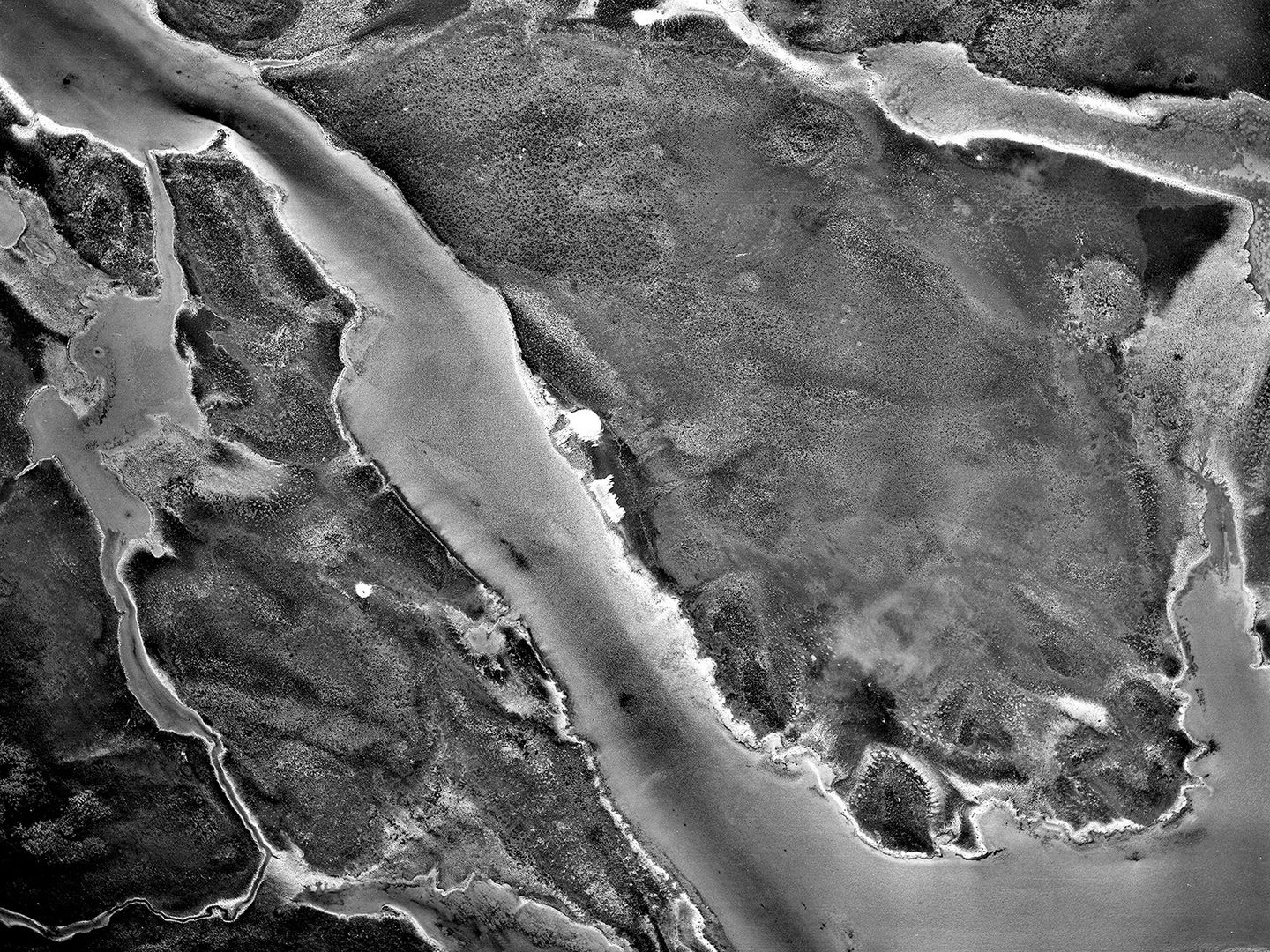 A historic black and white vertical aerial photo of a watery landscape. Several irregular islands are divided by channels of water.