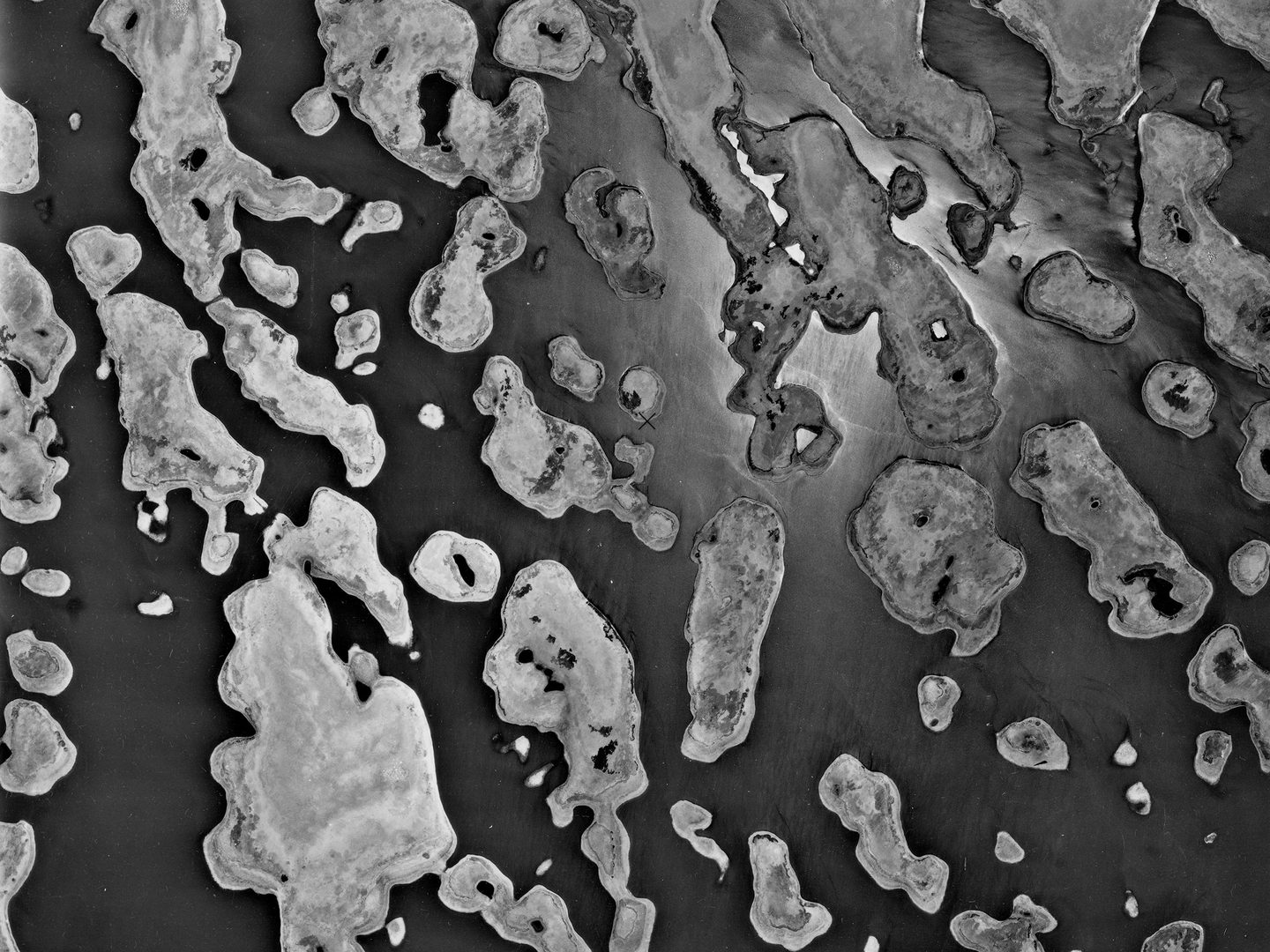 A historic black and white vertical aerial photo of a lake dotted with numerous, irregular-shaped islands.