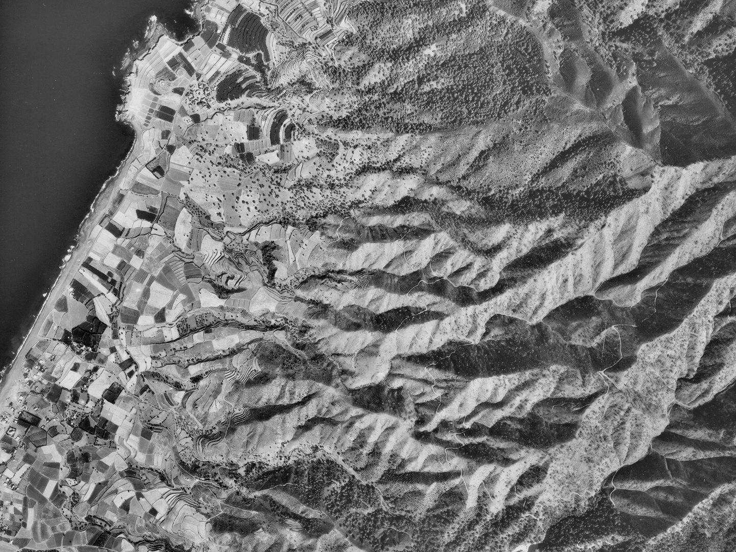 A historic black and white vertical aerial photo of a mountainous landscape. The ridges of the mountains run from right to left. They end in a strip of fields and small villages along a shoreline.