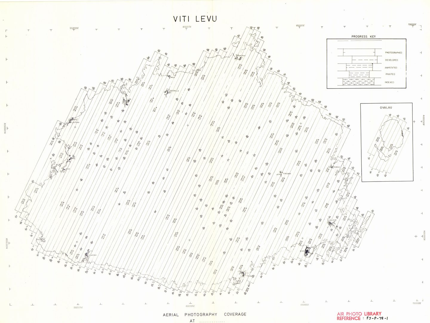 A black and white map of Viti Levu in Fiji, a large, roughly circular island. Lines and numbers show where aircraft have taken aerial photos.