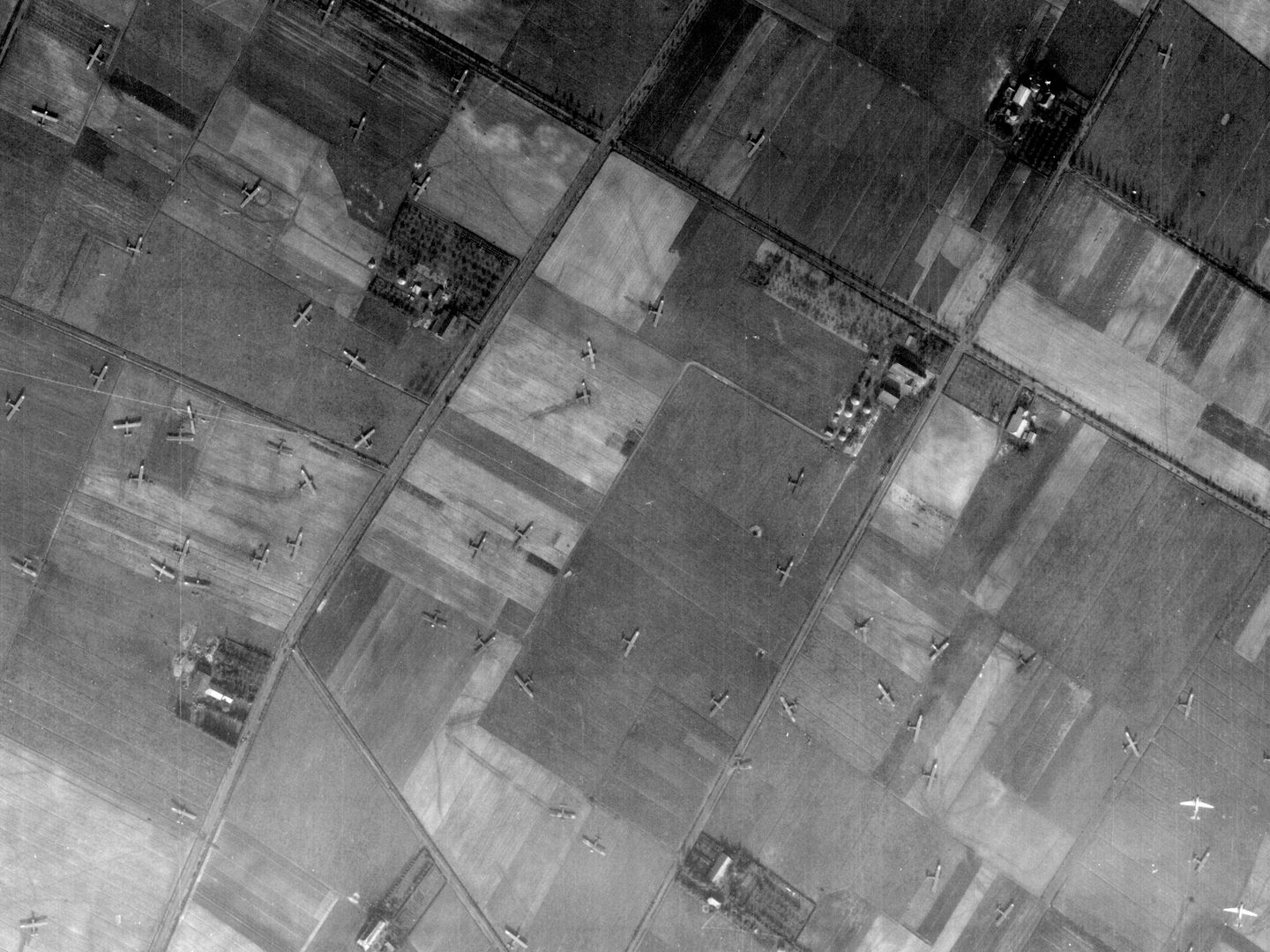 A black and white aerial photo of a landscape with a patchwork of fields, roads and farms. Scattered across the fields are over 50 gliders. In the bottom right corner are 2 light-coloured aircraft flying towards the top edge of the image.