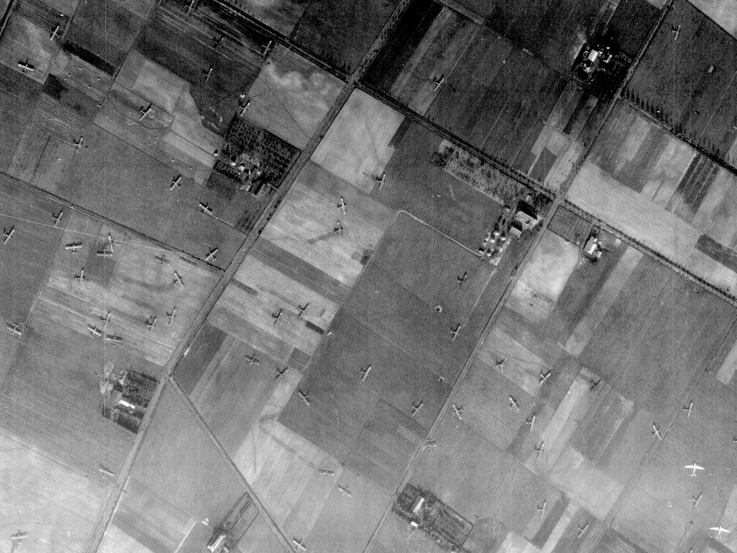 A black and white aerial photo of a landscape with a patchwork of fields, roads and farms. Scattered across the fields are over 50 gliders. In the bottom right corner are 2 light-coloured aircraft flying towards the top edge of the image.