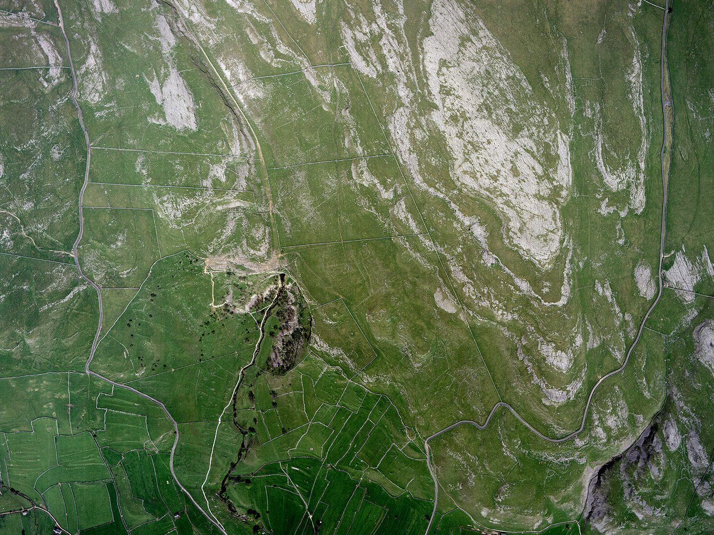 A colour aerial photo of a green landscape. The landscape is crisscrossed with a network of drystone walls. A river runs from the bottom edge to a cluster of trees in the middle of the image. Large areas of grey rock stand out against the green.