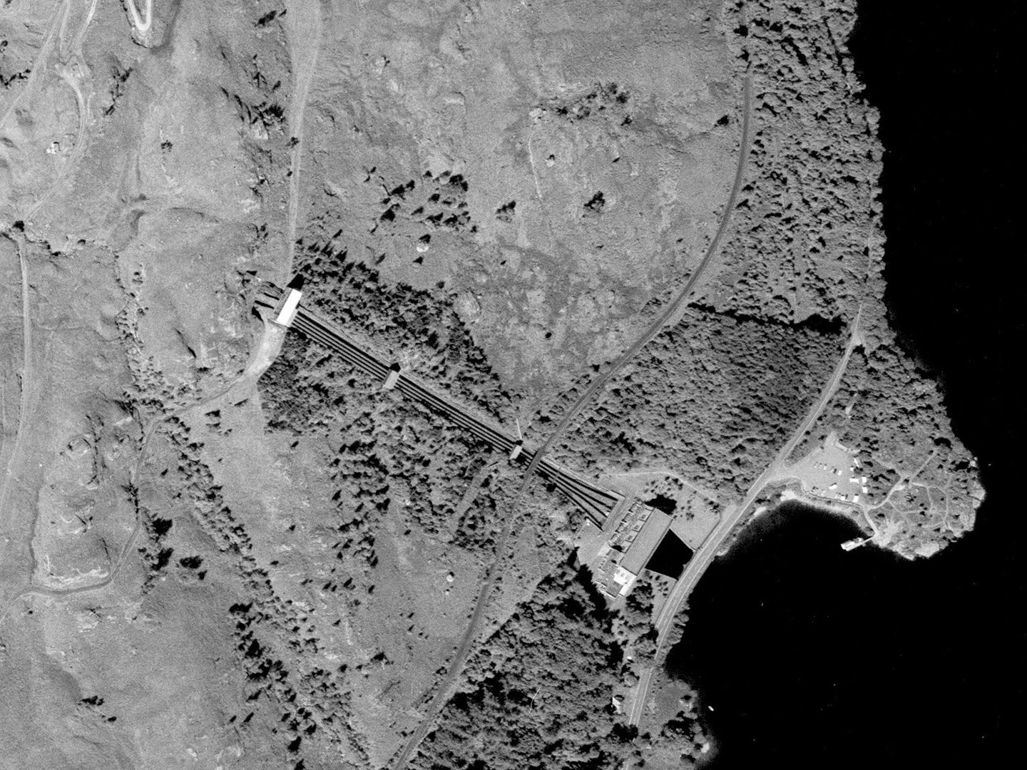 A historic black and white vertical aerial photo of several large pipes running through a wooded landscape. They terminate at some buildings on the shore of a loch at the right-hand side of the image.