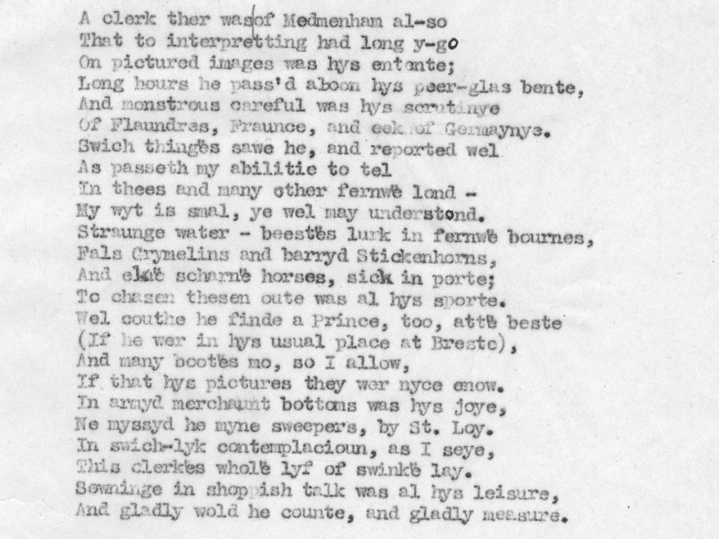 An excerpt of a typewritten stanza of poetry written in mock Middle English.