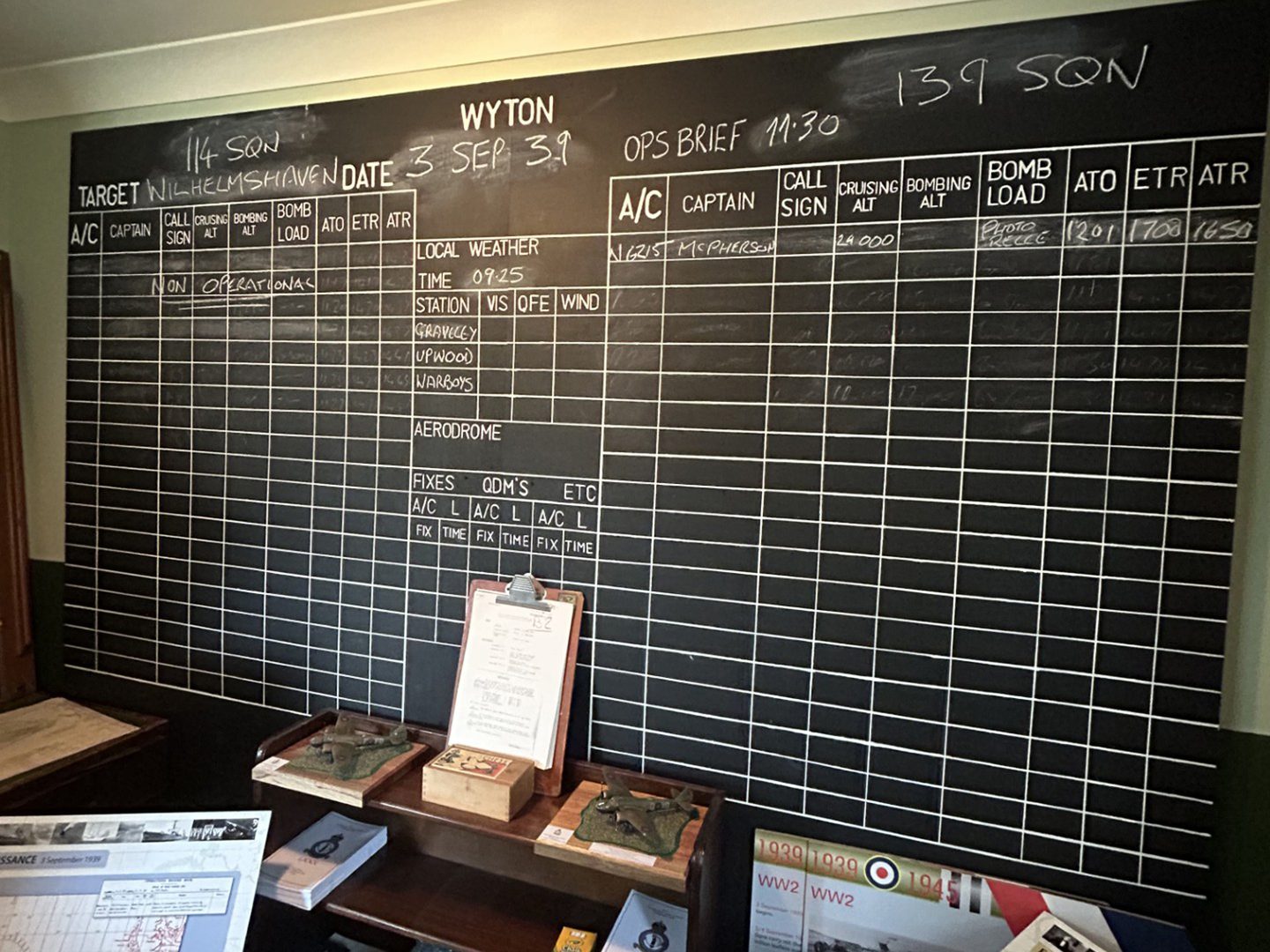A blackboard headed 'Wyton' with a grid for recording information about flights including the pilot's name, cruising altitude and purpose.