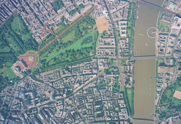 A colour aerial photo with a park containing trees and red paths at the left, and Buckingham Palace in the bottom left corner. The River Thames is to the right with the London Eye lying flat over it. The shadow of Big Ben is to the right of centre.