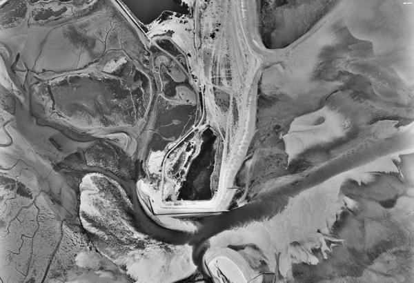 A black and white aerial photo of coastal wetlands. The image has the appearance of abstract swirls and patterns in shades of black, white and grey. There seem to be a few trees in the centre and an area of water to the left.